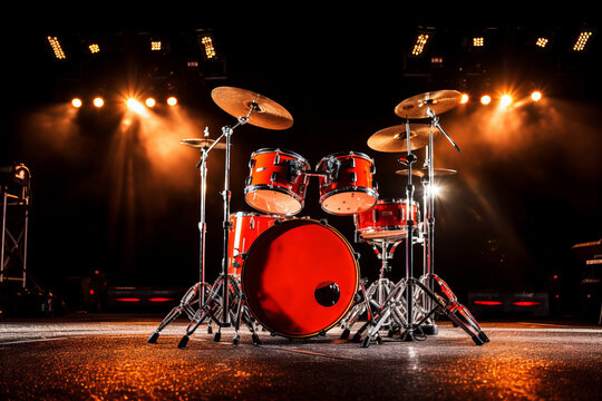 drum kit on dark music stage close up
