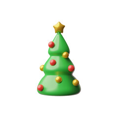 Stylized 3d render green Christmas tree with glossy red and yellow ornaments topped with a golden star for holiday joy.