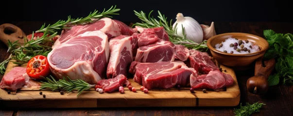 Fotobehang Lamb meat chops on wooden tray with green herbs and spices. © amazingfotommm
