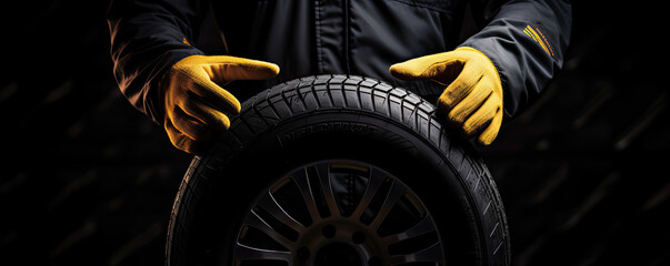 Car mechanic hold a tire detail on black background. - obrazy, fototapety, plakaty