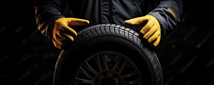Car mechanic hold a tire detail on black background.
