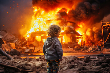 Violent explosion against the backdrop of the house. A child watches the explosion and fire. Sunset. Apocalypse. War. Nuclear threat. Third World War. Attack on a peaceful city.