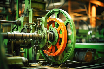 Photo of a detailed view of industrial machinery in a manufacturing plant. Modern metal processing at an industrial enterprise. Manufacturing of high-precision parts and mechanisms.