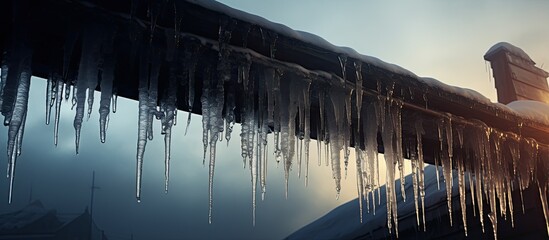 Winter rooftop icicles.