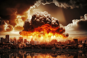 Violent explosion against the backdrop of a large city. Sunset. Apocalypse. War. Nuclear threat. Third World War. Attack on a peaceful city - obrazy, fototapety, plakaty