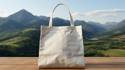 Blank white mockup reusable ECO shopping bag natural mountain view background, Plastic-free, zero-waste. Save the planet. Environmental conservation and recycling concepts. Template for design - obrazy, fototapety, plakaty