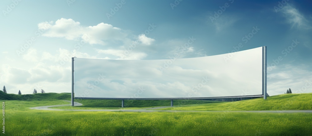 Poster empty billboard for your ad with text space on curved road, featuring lush grass and clear sky with 