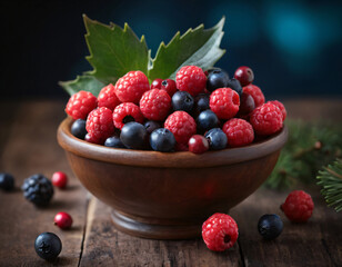 Forest berries in a wooden bowl.