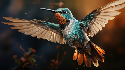 Naklejka premium Multicolored small beautiful calibri bird of peace with open wings hovering over a flower flying and pollinating