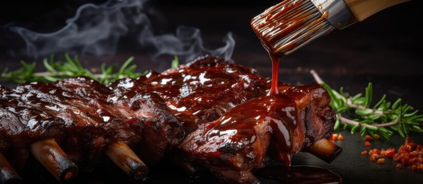 Grilling beef ribs with bbq sauce and brush.
