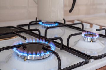 Closeup shot of blue flame from domestic kitchen stove. Gas cooker with burning propane. Industrial resources and economy concept. Gas heating in cold winter
