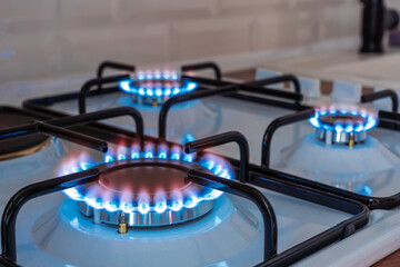 Closeup shot of blue flame from domestic kitchen stove. Gas cooker with burning propane. Industrial...