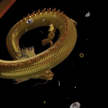 Prosperity Chinese Gold Dragon flying elegantly while emitting gold coins & gold ingots along it's way, transparent background.