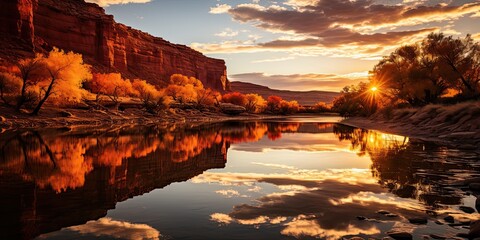 Sunset Reflections on River with Autumn Trees and Canyon Walls