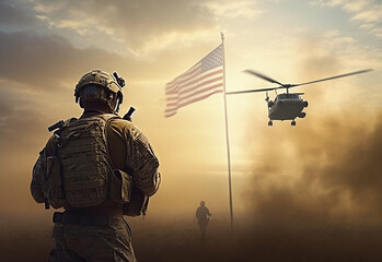 Military personnel in uniform and armor during battles with helicopters in the sky in the background Generative Ai