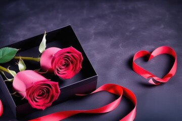 Valentine's day background with roses and ribbon on pink background