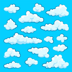 Painted cartoon clouds on blue background. Simple hand drawn round cloud, summer sky panorama, cloudscape. Flat design. Vector illustration