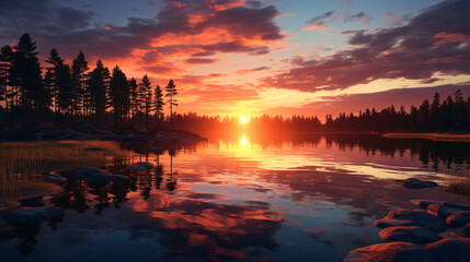 Naklejka premium Lakeside Reflection sunset reflecting on a calm lake. Generative ai