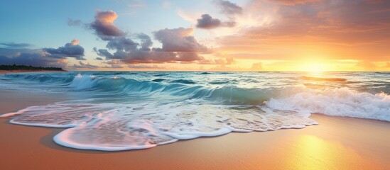 Incredible view of serene ocean waves at sunrise or sunset, on a tropical island beach. Beautiful nature scenery for a relaxing vacation.