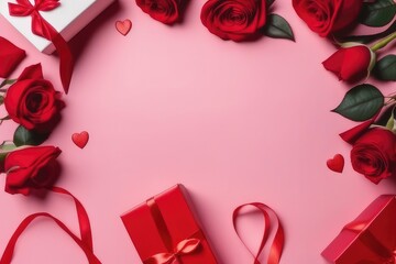 Valentine's day background with gift boxes, roses and hearts on pink background