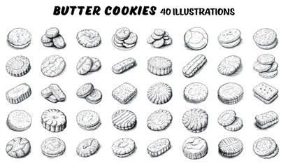 Collection of drawn butter cookies. Sketch illustration	 - obrazy, fototapety, plakaty