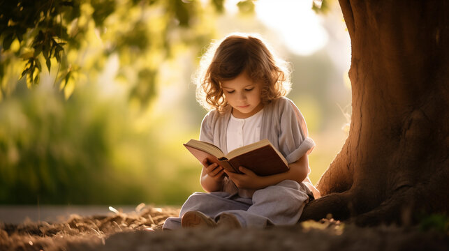 Little girl reading the Bible book outdoors