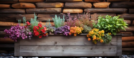 Autumn-colored heather on wall planter attached to wooden paneling of mountain hut; cottage cabbage, colorful pastel veggies. - obrazy, fototapety, plakaty