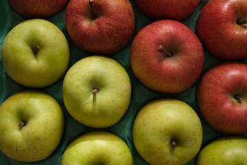 俯瞰で撮った青リンゴと赤いりんご