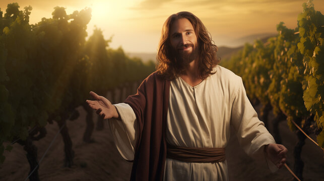 I am the vine Jesus smiling in a vineyard