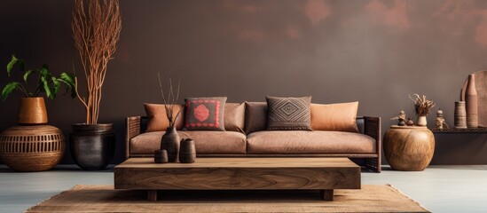 Contemporary ethnic living room decor with stylish furniture and accessories.