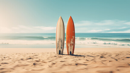 Sand and surfboards on a sandy beach. Generative ai