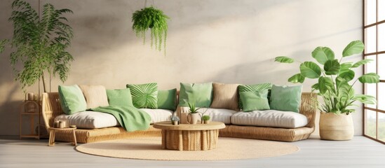 Cozy open space interior design with modular sofa, green pillows, wooden coffee table, rattan armchair, round table, plants, and personal accessories, all serving as home decor.