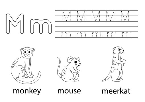 Trace uppercase and lowercase letter M. Animal alphabet for kids.