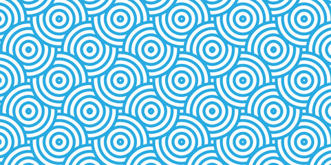 Fototapeta premium Modern diamond geometric ocean spiral pattern and abstract circle wave lines. blue seamless tile stripe geomatics overlapping create retro square line backdrop pattern background. Overlapping Pattern.