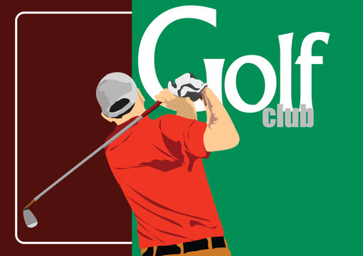 Golf club background with golfer image. Vector 3d hand drawn  illustration