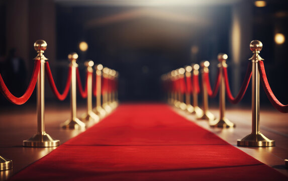 Red carpet with red rope barrier in a row. VIP event