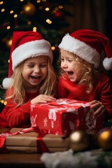 Fototapeta na wymiar a photo of 2 small kids unwrapping their Christmas gift, happy and giggly, Christmas colors