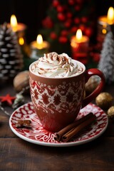 Obraz na płótnie Canvas a photo of a table with a big mug with hygge pattern, filled with hot chocolate milk with whipped cream, Christmas colors 