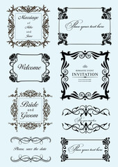 Set of ornate vector frames and ornaments with sample text. Perfect as invitation or announcement. All pieces are separate. Easy to change colors and edit. Hand drawn illustration