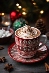 Obraz na płótnie Canvas a photo of a table with a big mug with hygge pattern, filled with hot chocolate milk with whipped cream, Christmas colors 