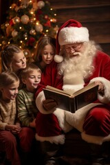 Fototapeta na wymiar Father Christmas reading from a big book, surrounded by children, Christmas decor