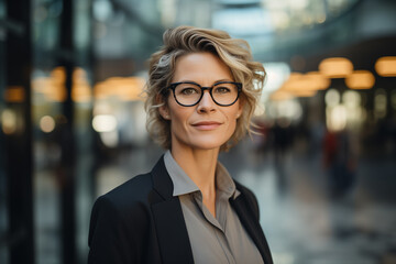 Portrait of trustworthy mature businesswoman in the street looing at camera - obrazy, fototapety, plakaty