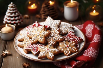Obraz na płótnie Canvas a plate with glazed Christmas cookies, on a decorated table, Christmas colors