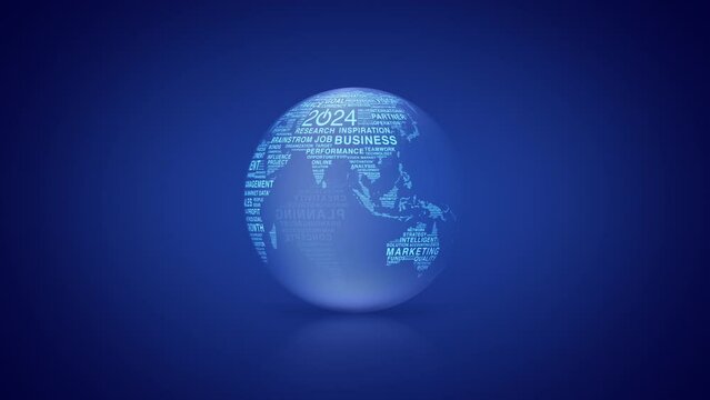 2024 start up business icon with words world map spinning on blue gradient background, Happy new year 2024 global business start up concept, Elements of this image furnished by NASA