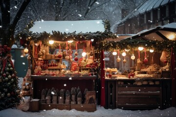Fototapeta na wymiar a photo of Christmas stall selling baubles, on a Christmas market, snowy day