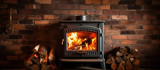 Fire-wood burning in wood-fired stove, rack in front of brick wall. - obrazy, fototapety, plakaty
