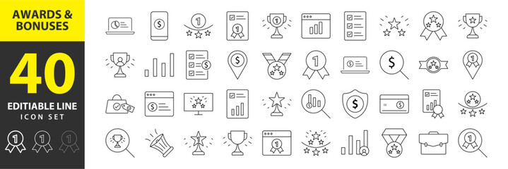 Exquisite Awards and Bonuses Vector Icons Set - Modern Thin Line Illustrations for Success and Recognition! Discover a collection of editable icons, including Cups, Awards, Medals, Diplomas, Champion,