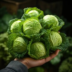 Fototapeta premium Fresh Garden Cabbage picked from the bush. Healthy Vegetarian Diet. 