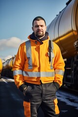 Fototapeta na wymiar Worker in front of a freight train with oil