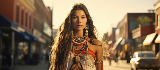 Fototapeta premium Stylish Native American woman strolling empowered city streets.